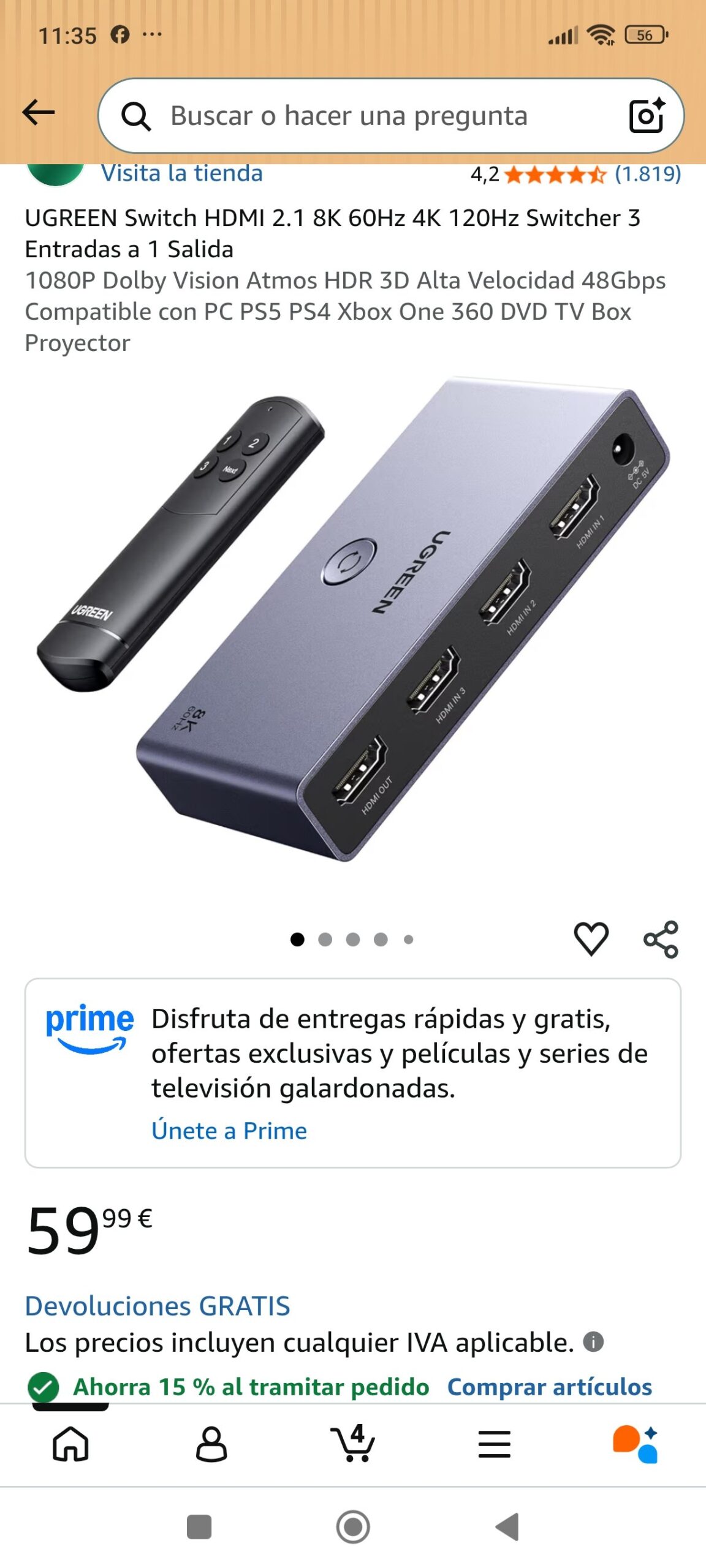 ugreen switch hdmi 3 entrada en 1 salida