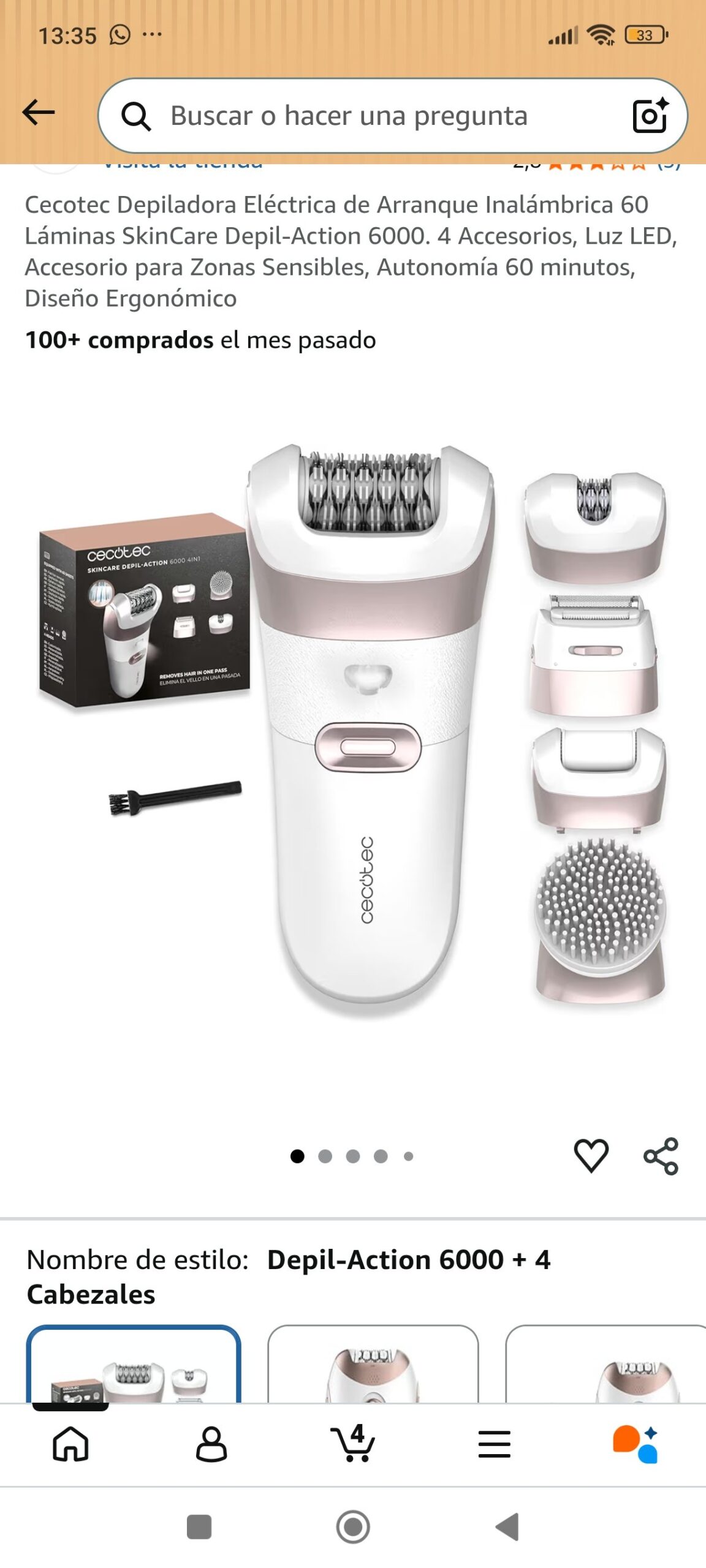 Depiladora eléctrica inalámbrica Cecotec SkinCare Depil-Action 6000 4in1 con 4 cabezales y luz LED – Blanca - Imagen 2