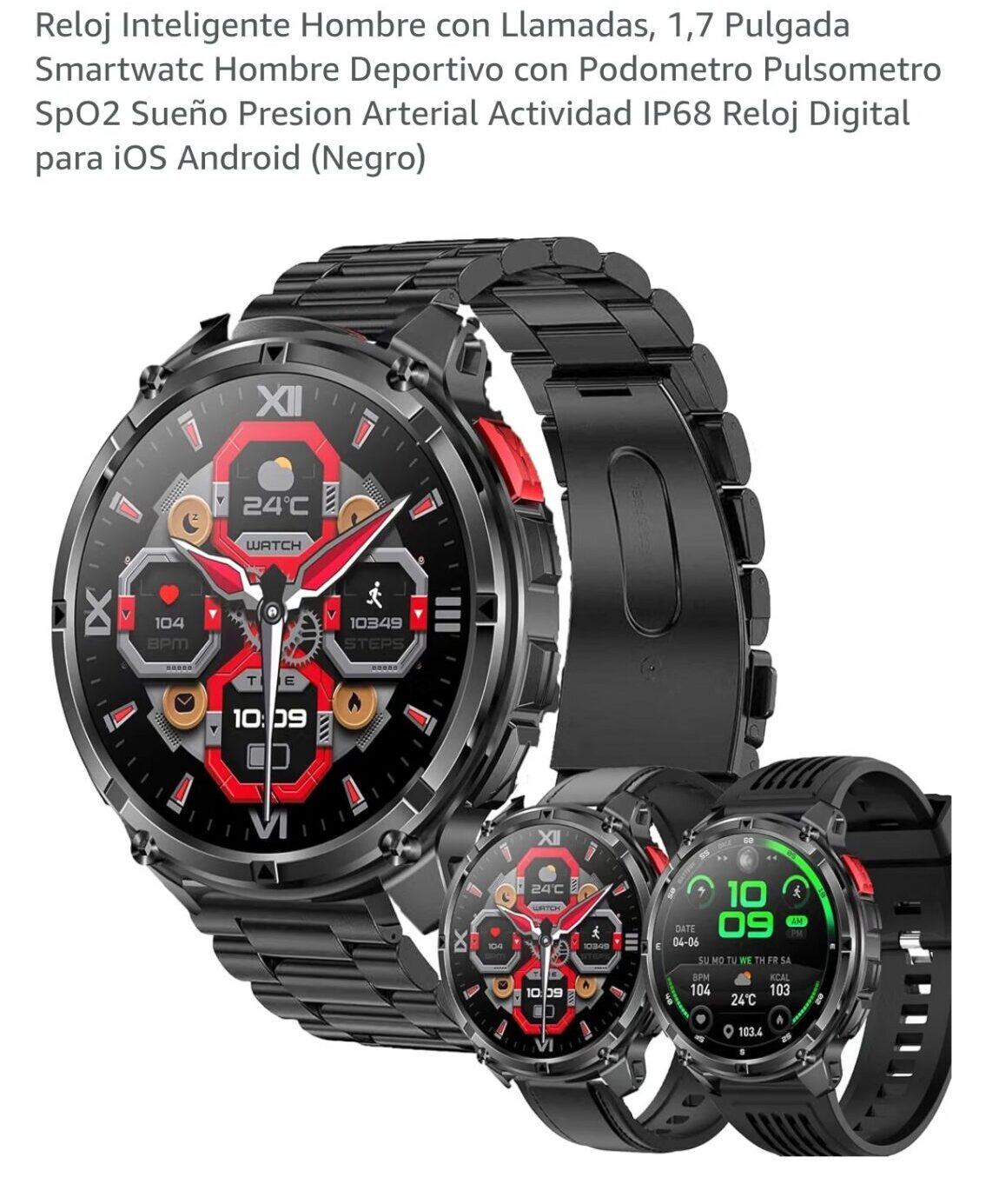 Smartwatch MYSHUN 1,7″ con llamadas Bluetooth, 123 modos deportivos y 3 correas – Negro