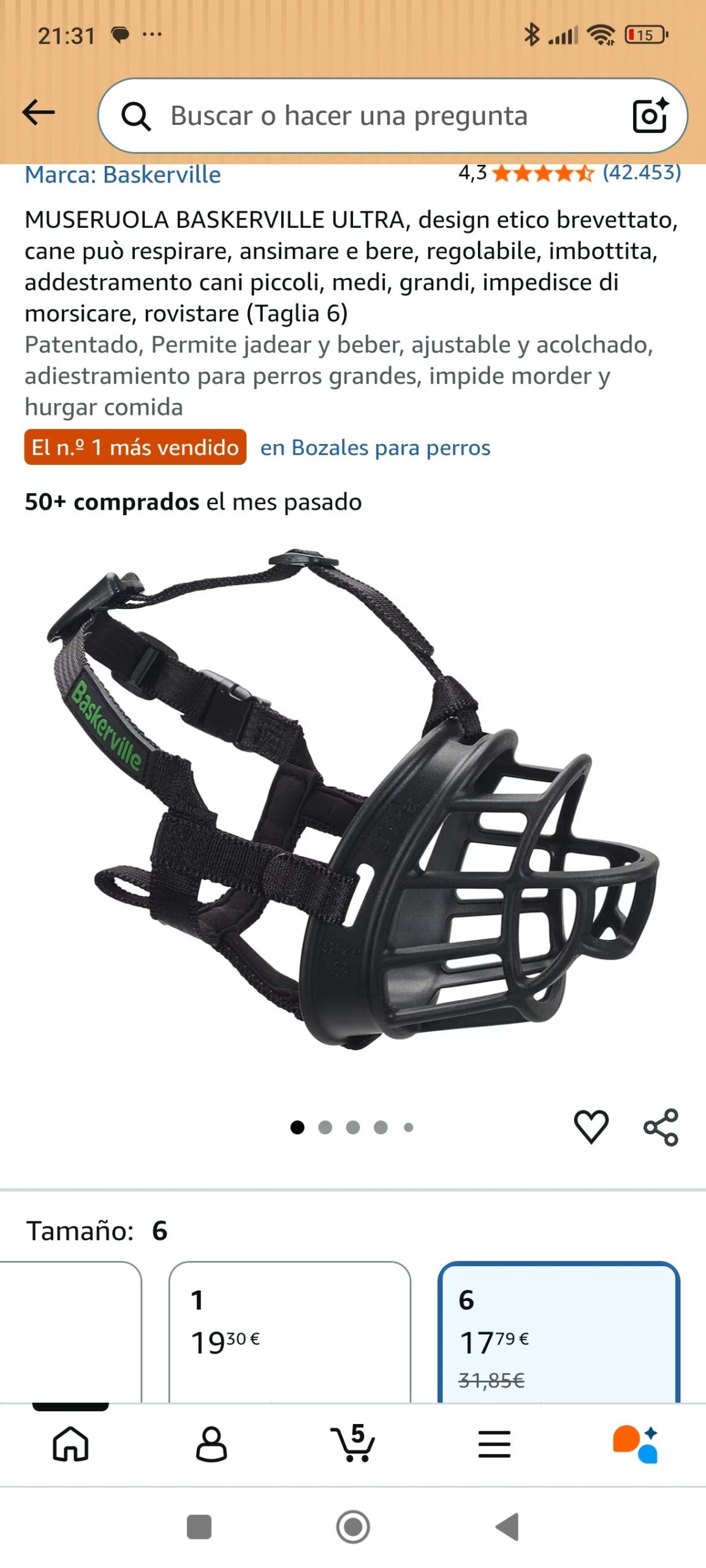 Bozal Baskerville Ultra para perro, talla 6