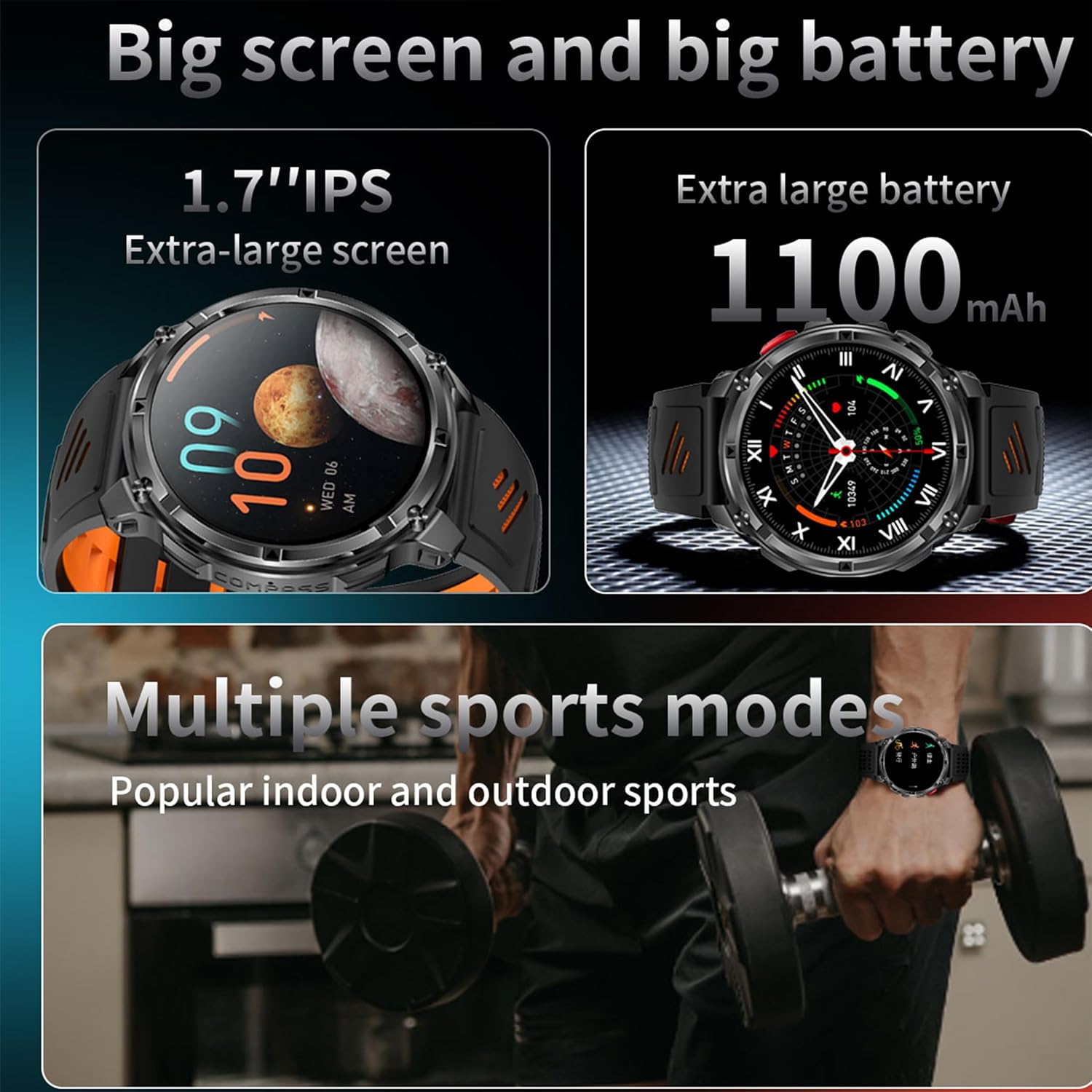 Smartwatch MYSHUN 1,7″ con llamadas Bluetooth, 123 modos deportivos y 3 correas – Negro - Imagen 6