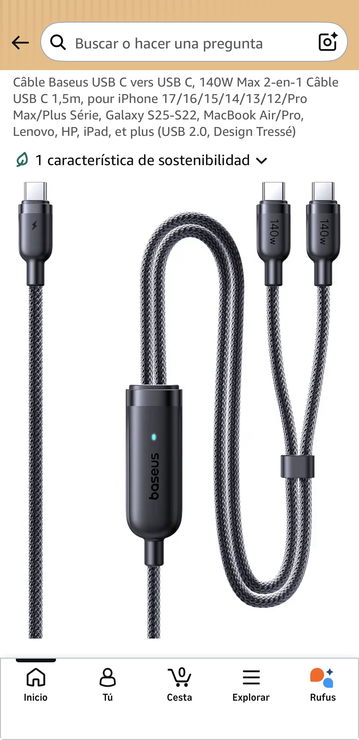 Cable Baseus USB C 2 en 1 140W 1.5m